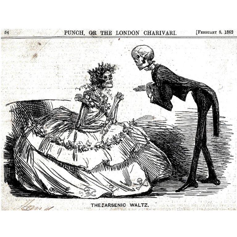 Newspaper image from 1862 of a skeleton in tux approaching another skeleton in dress