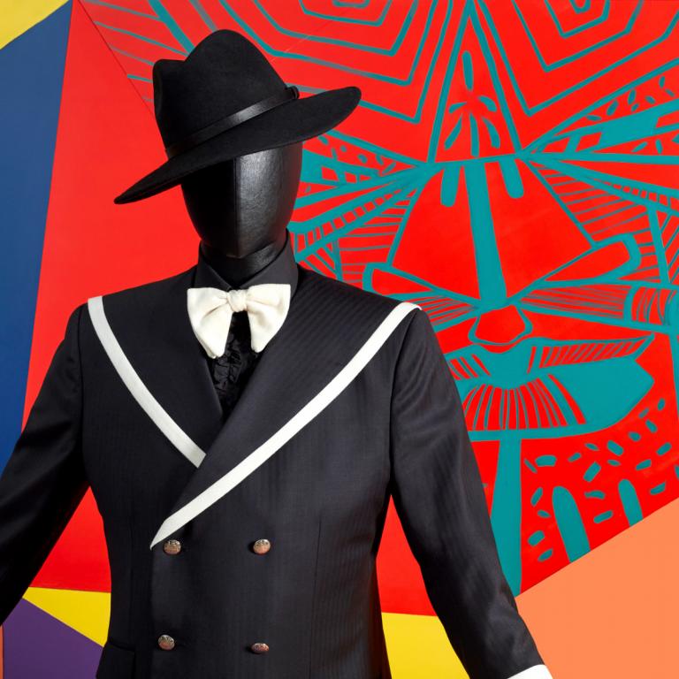 Exhibition artwork showing mannequin in black suit with black fedora and white bowtie in front of abstract artistic background